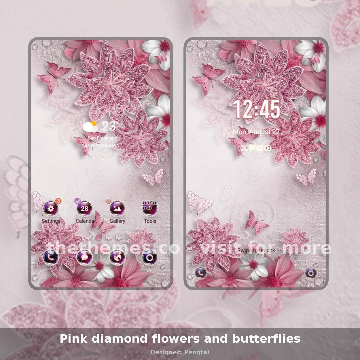 Pink diamond flowers and butterflies